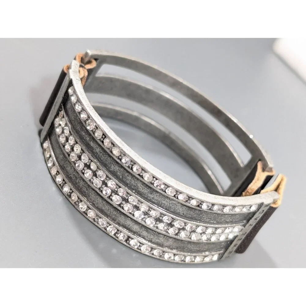 Jewel Kade JK‎ Enchanted Crystal Pave Leather Snap Cuff Bracelet Silver Tone 7